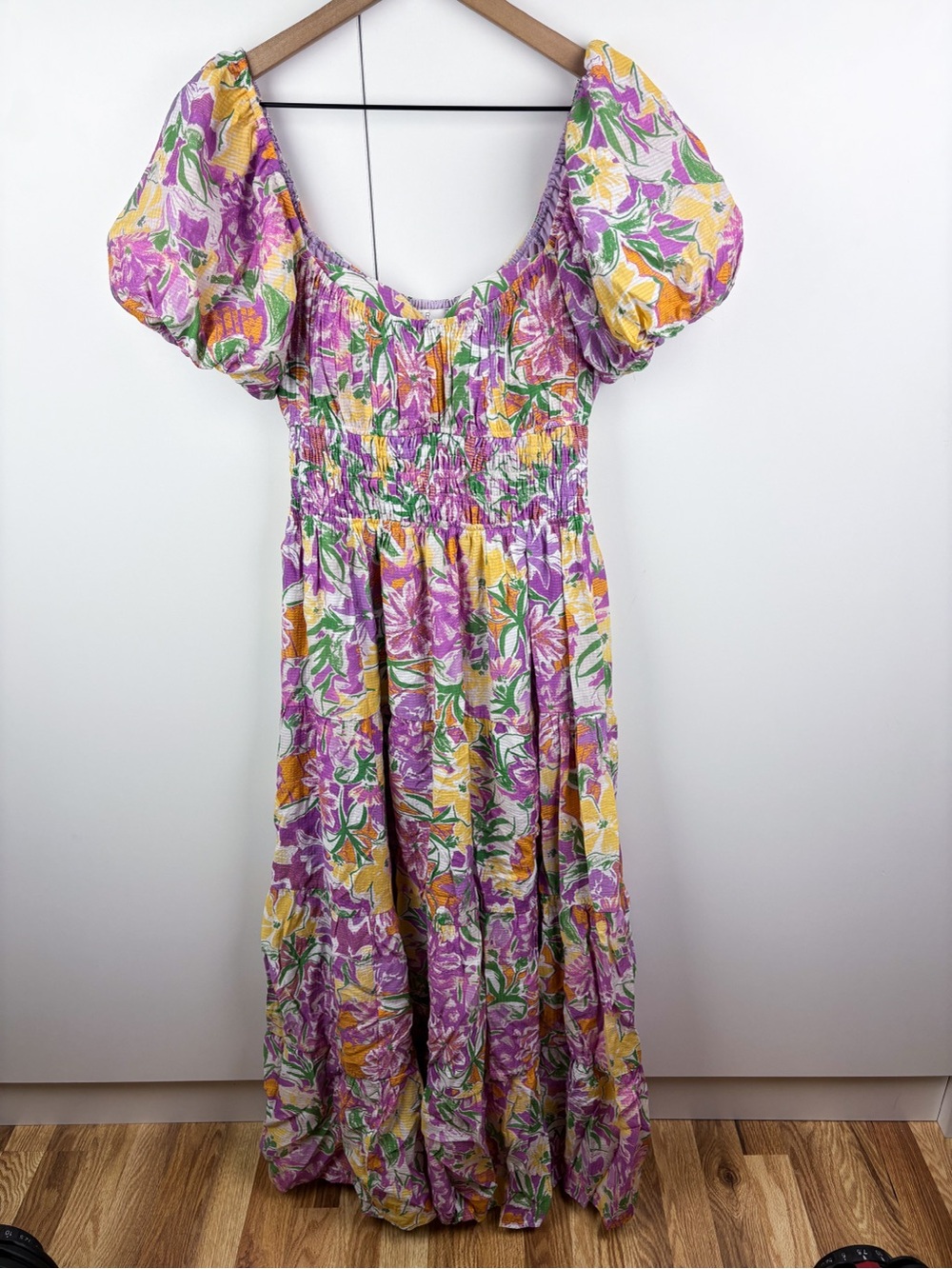 ASTR Florentina Maxi Dress Pink Floral Purple Green Yellow Small Smocked Puff - Picture 2 of 9
